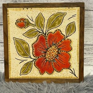 Vintage S Marco Red Floral Ceramic/Wood Tile Trivet Made In Italy